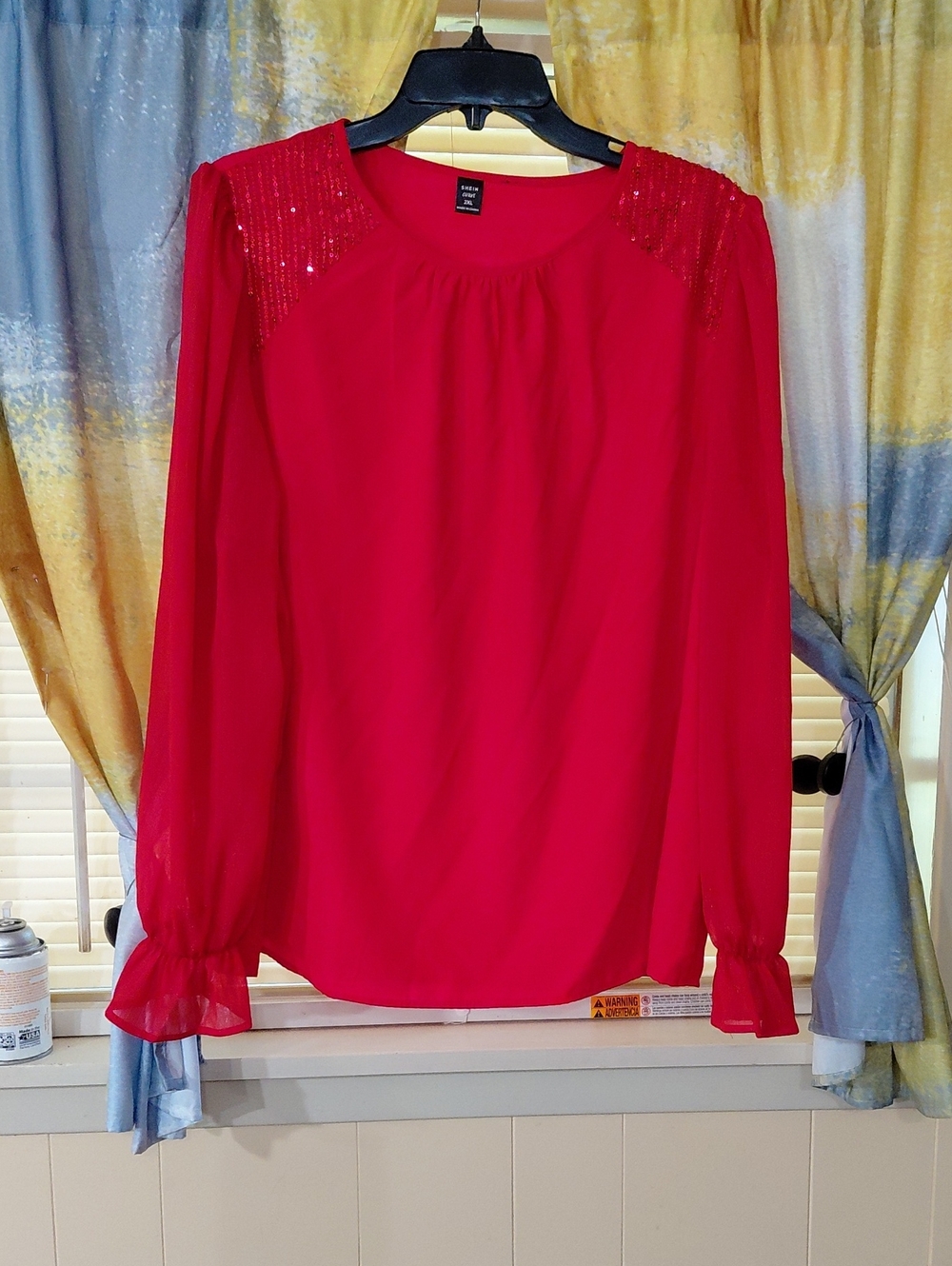 SHEIN Red Long-Sleeve Sequin Shoulder Blouse Glitter On Sleeves